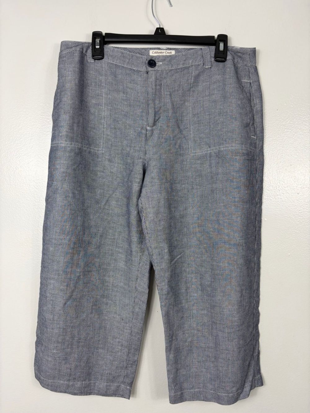 Coldwater Creek Blue white stripe linen rayon Cropped Pants sz 14